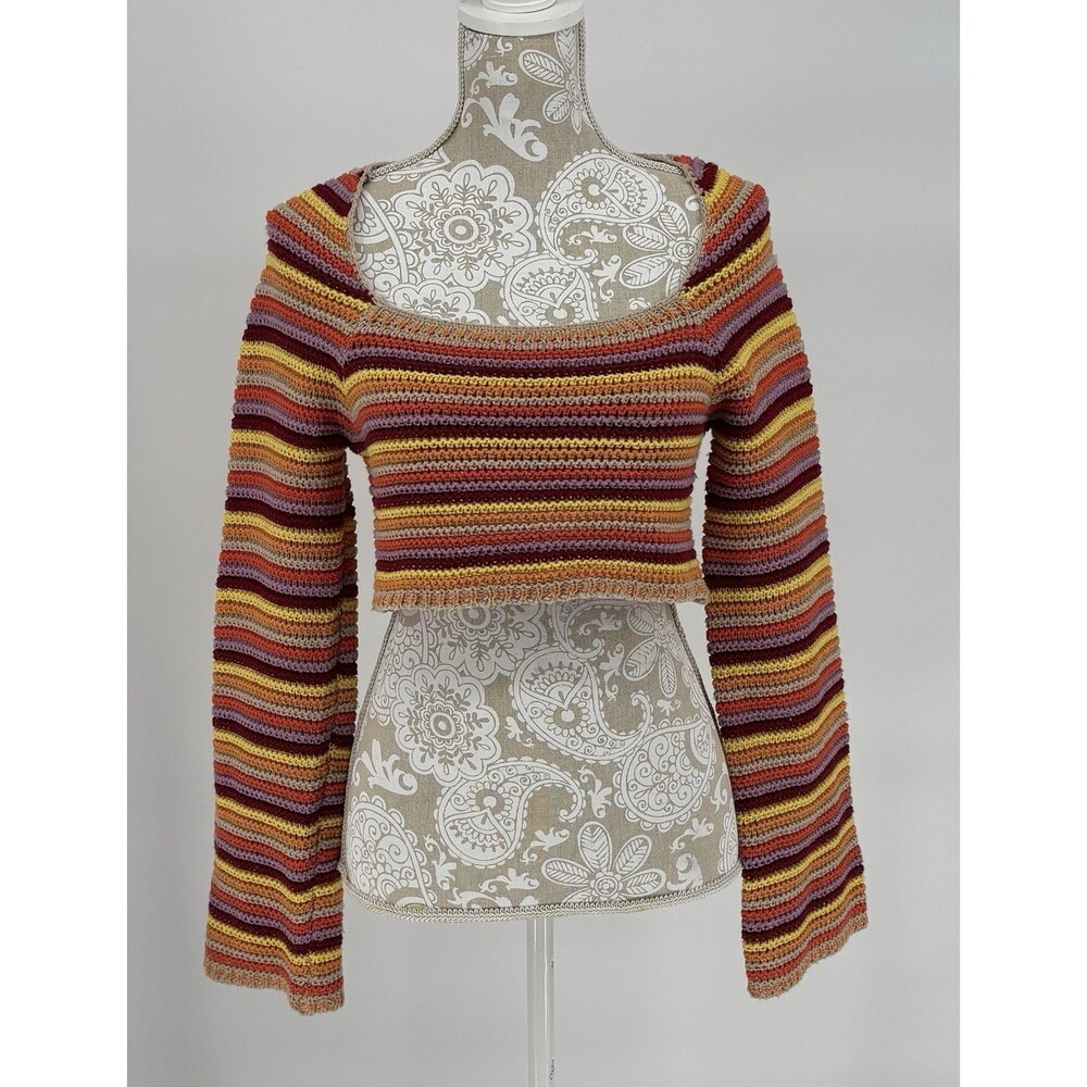 Yellow the Label Womens Crochet Sweater Top Cropped Sz SMALL Hippie Boho Rainbow